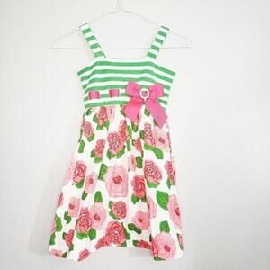 Young land Floral Bow Striped Green Pink Dress